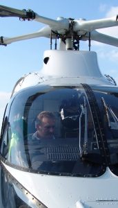 AirBoss Polo in cockpit of KAAT Explorer Helo